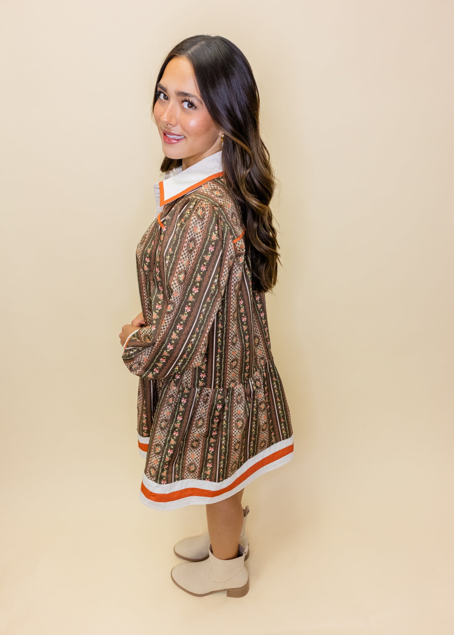 Olive Floral Border Detail Dress