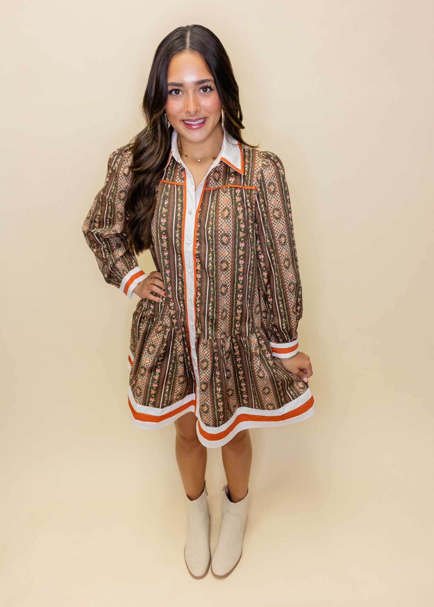 Olive Floral Border Detail Dress