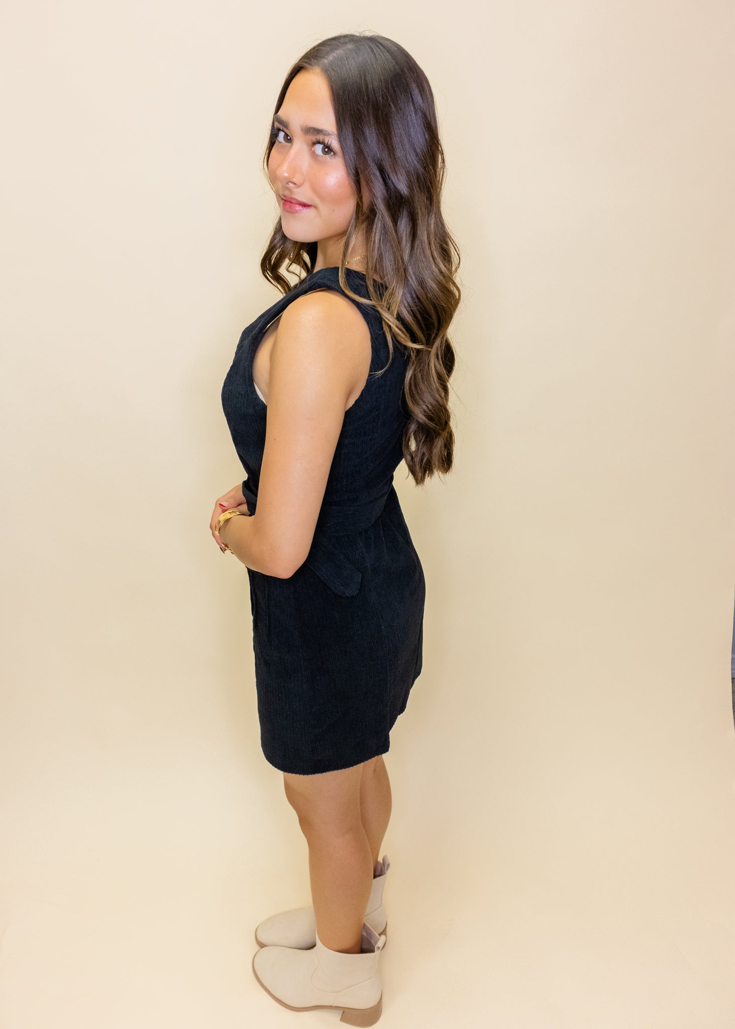 Black Corduroy Belted Dress