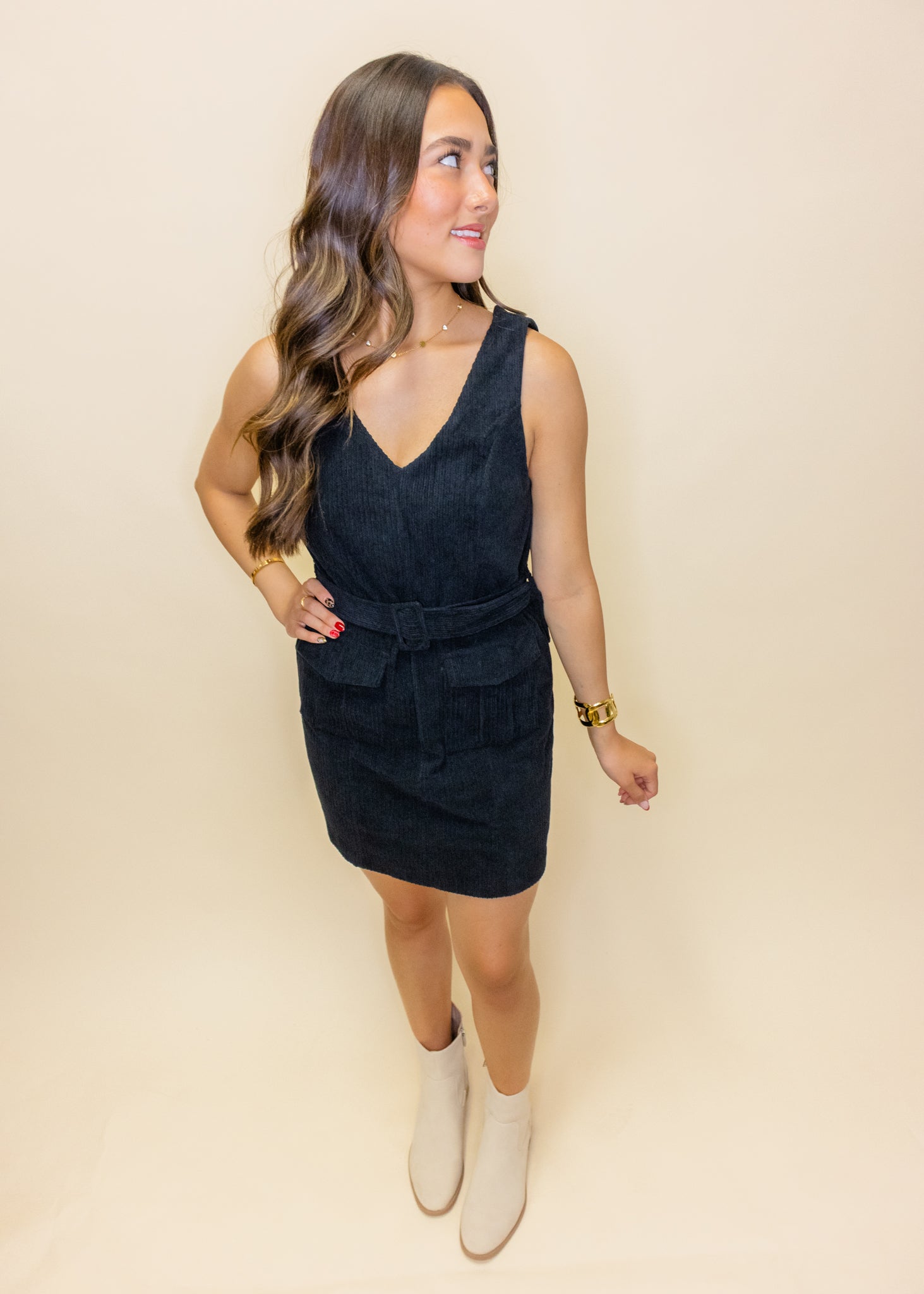 Black Corduroy Belted Dress