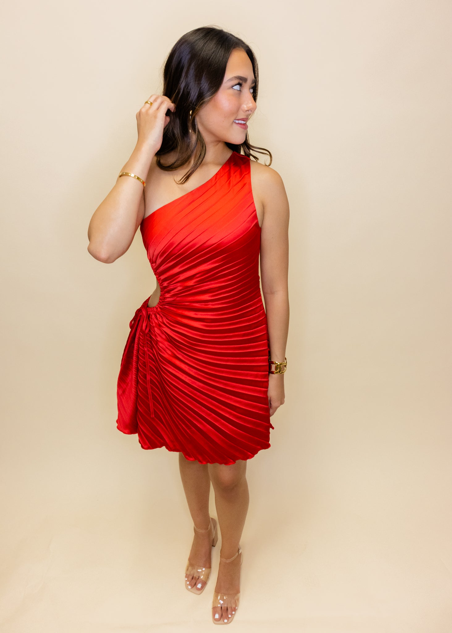 Red Pleat One Shoulder Dress