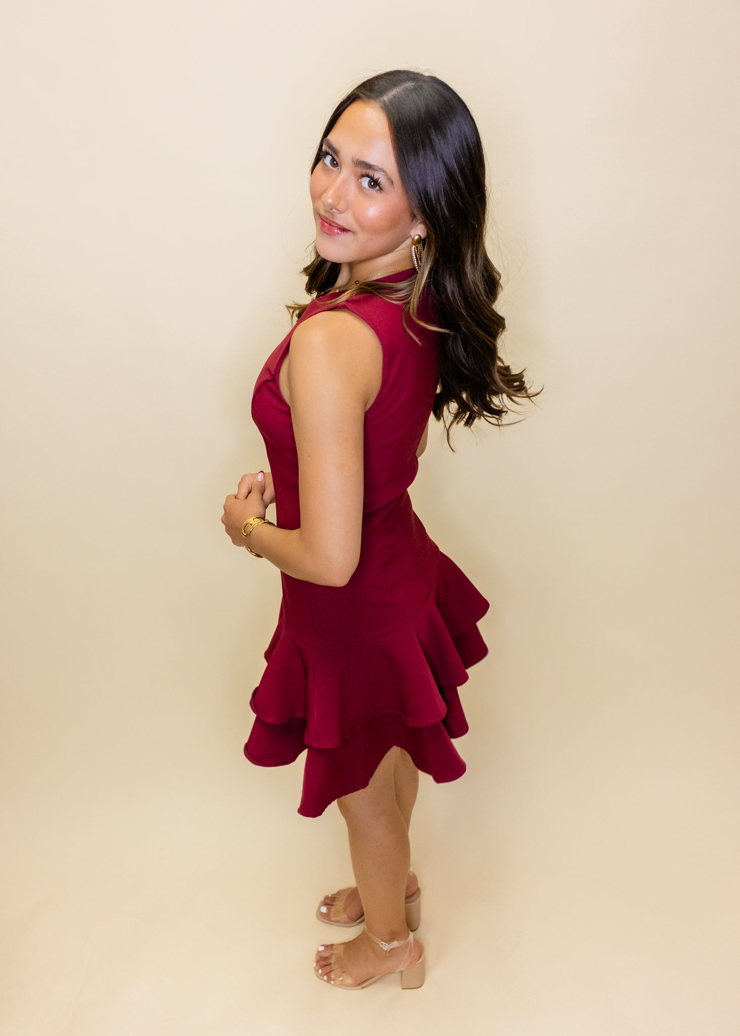 Maroon Drop Ruffle Dress