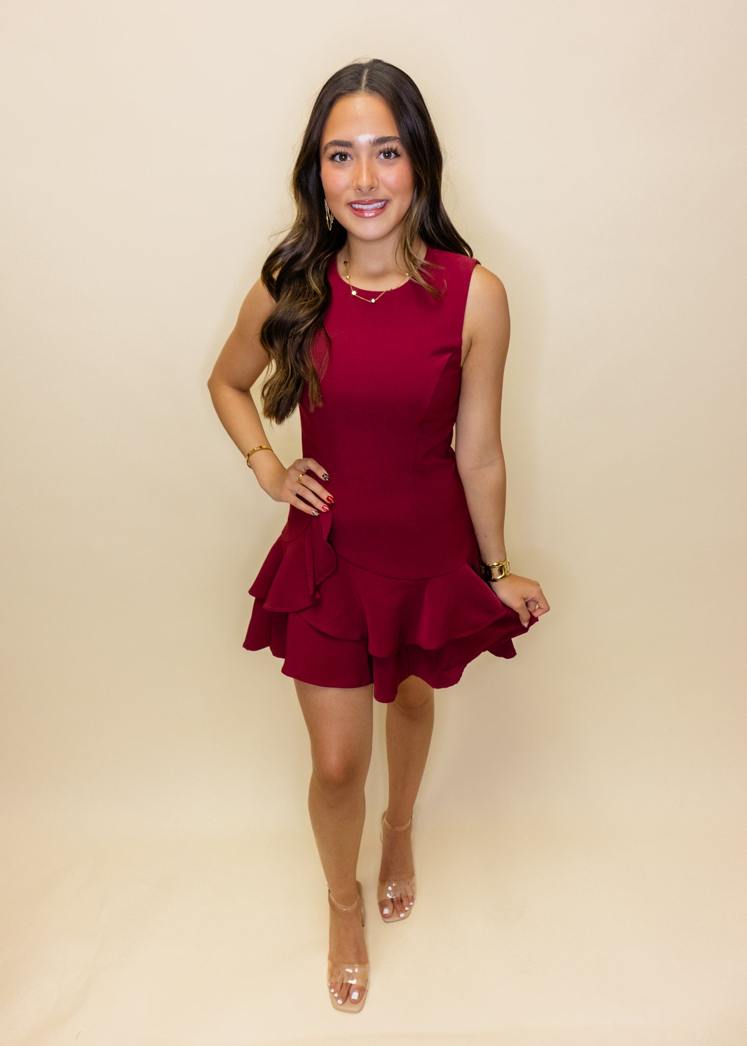 Maroon Drop Ruffle Dress