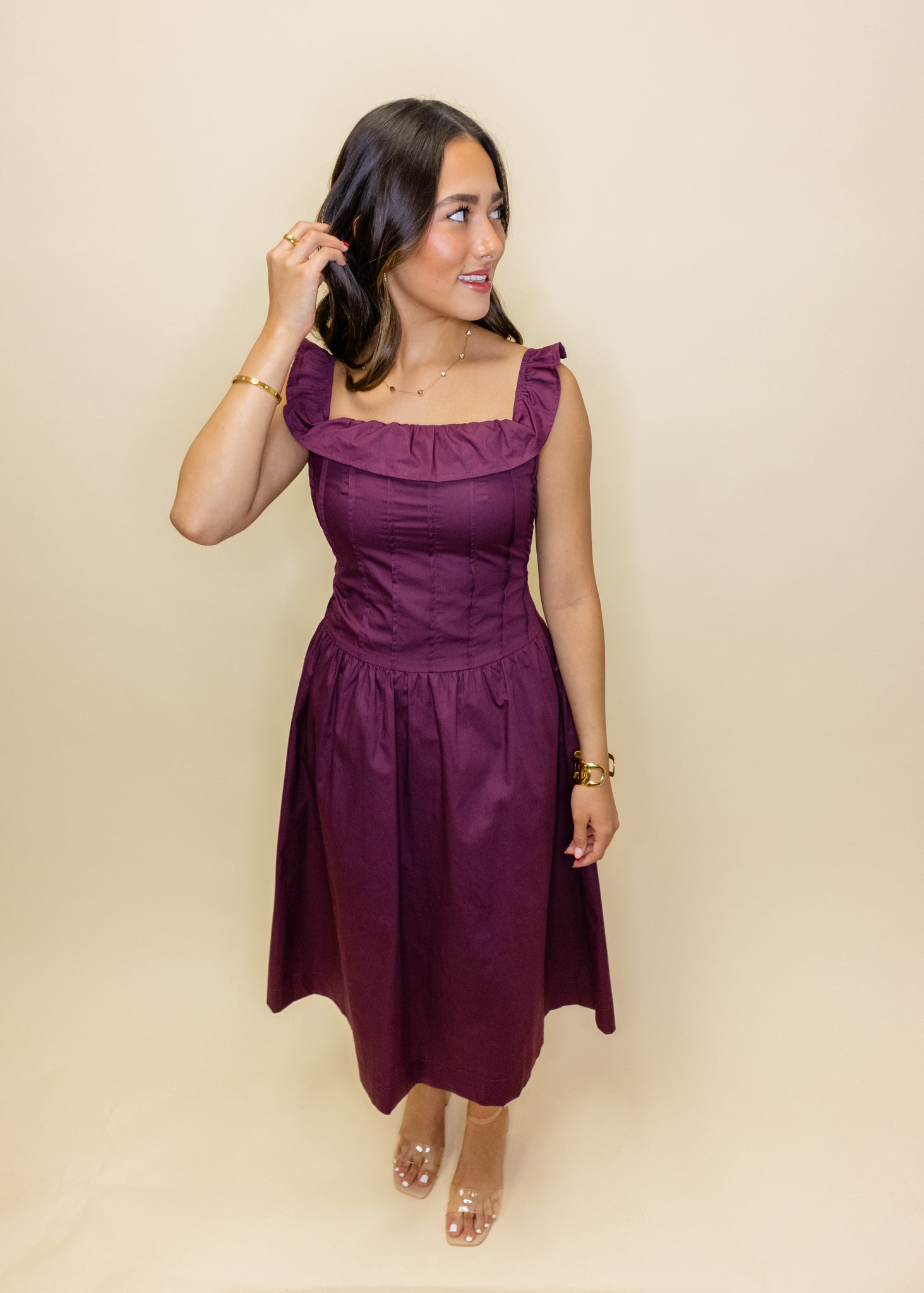 Maroon Drop Waist Midi Dress