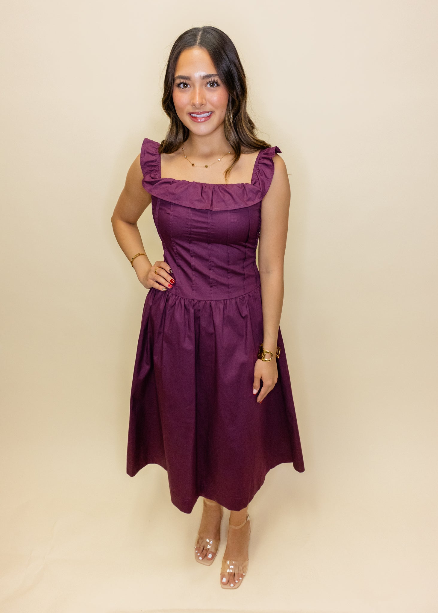 Maroon Drop Waist Midi Dress