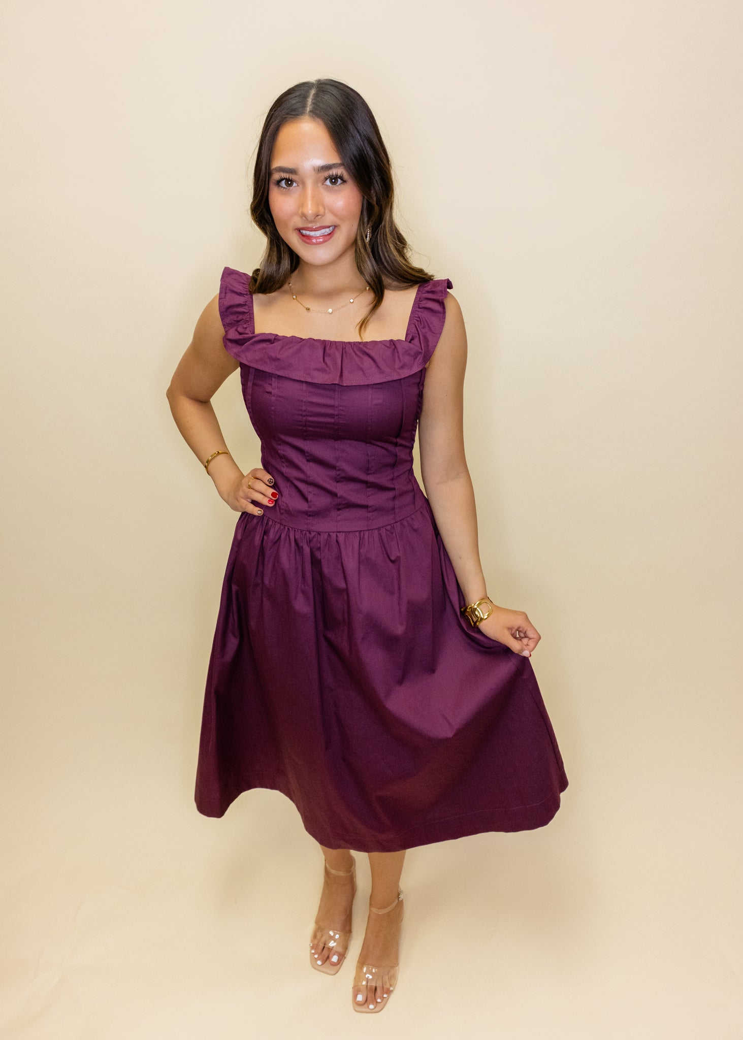 Maroon Drop Waist Midi Dress