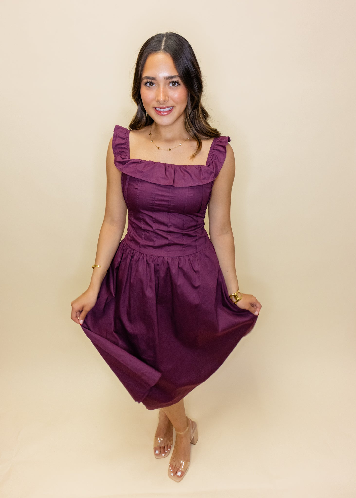 Maroon Drop Waist Midi Dress