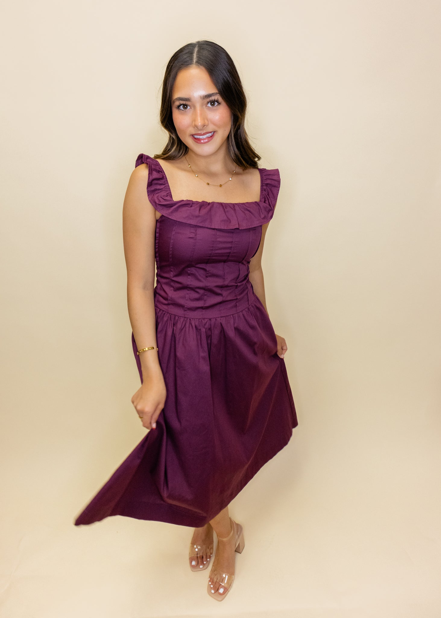 Maroon Drop Waist Midi Dress