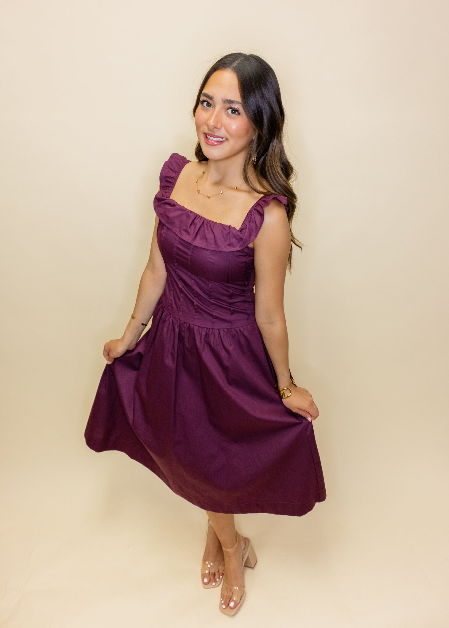 Maroon Drop Waist Midi Dress