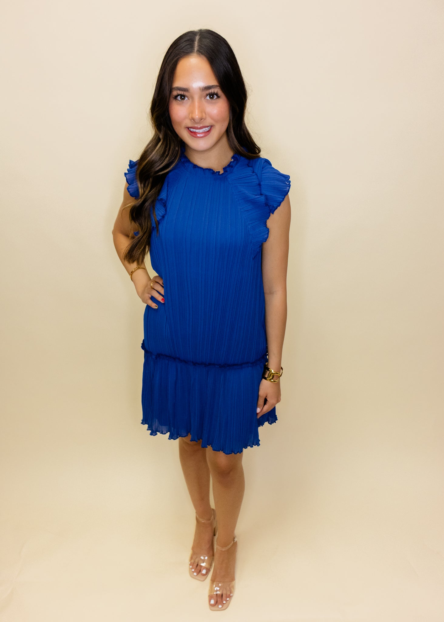 Navy Pleat Ruffle Dress