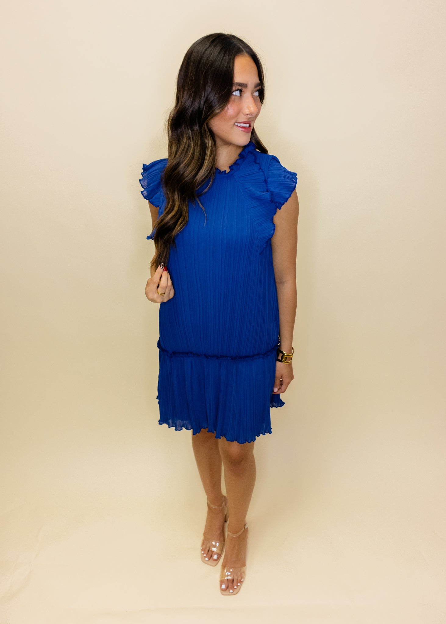 Navy Pleat Ruffle Dress
