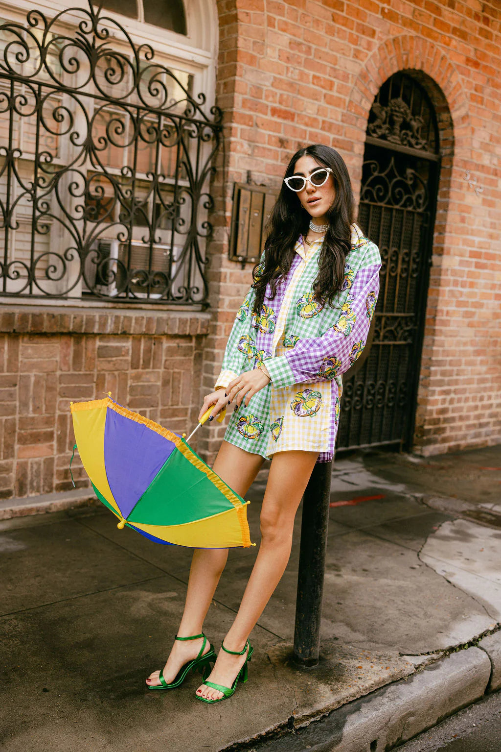 Colorblock Mardi Gras Gingham King Cake Button Up Top