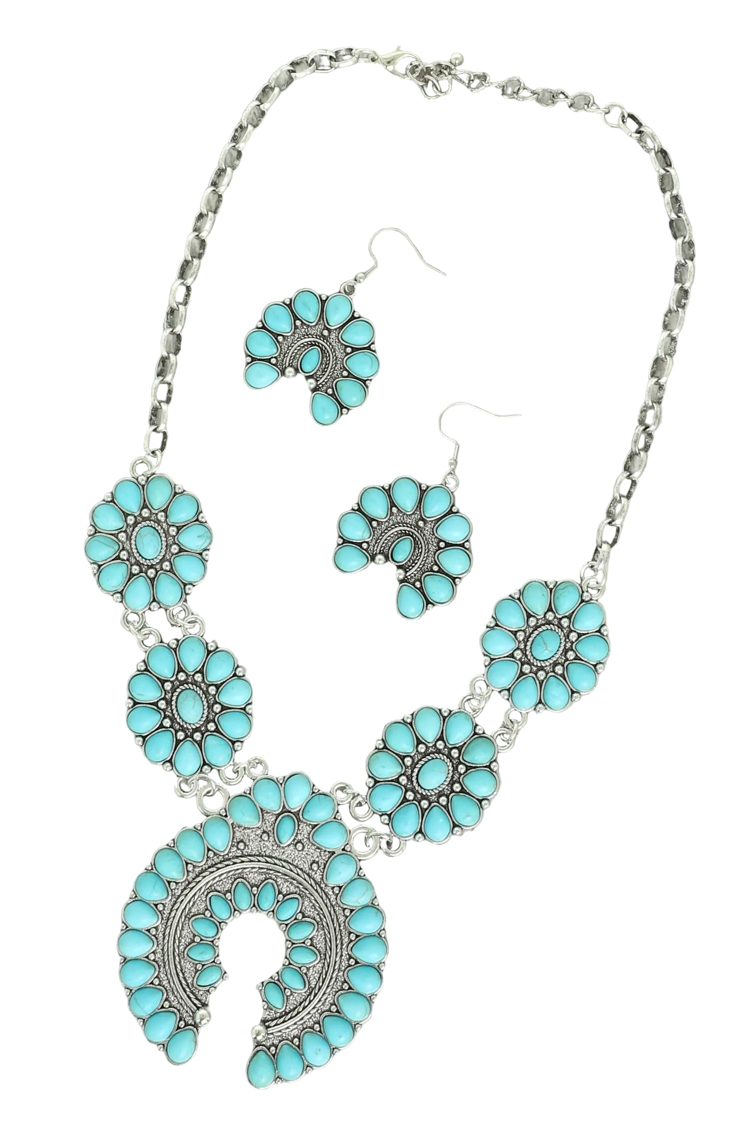 Western Turquoise Squash Blossom Necklace Set