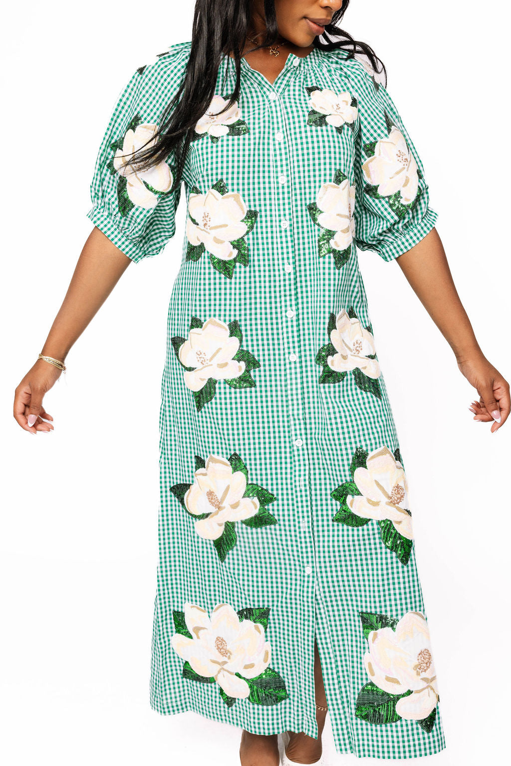 Green & White Gingham Magnolia Button Up Cotton Midi Dress