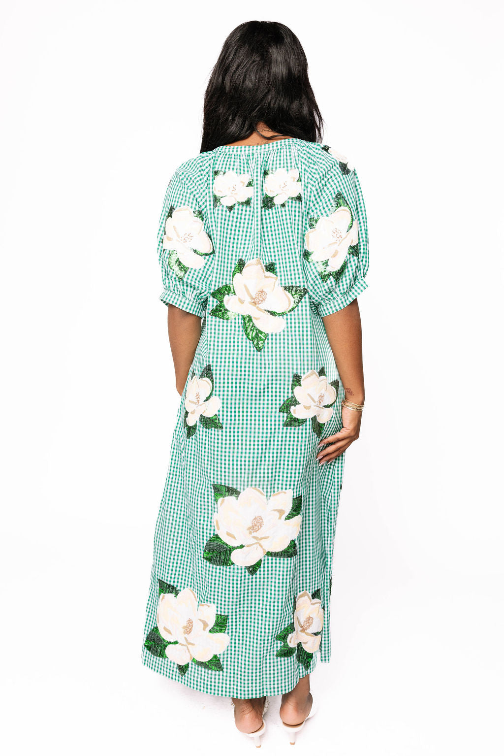 Green & White Gingham Magnolia Button Up Cotton Midi Dress