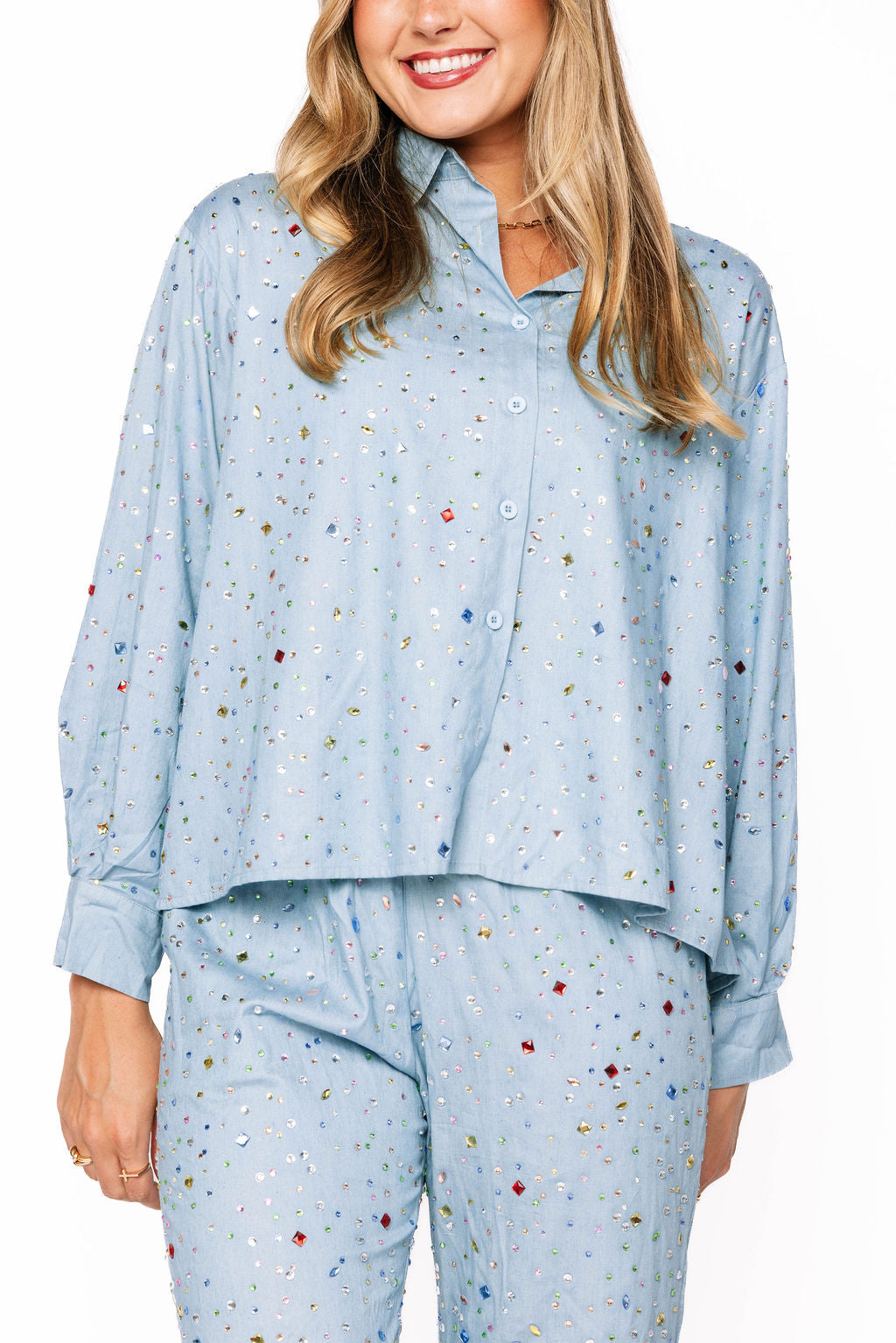 Chambray Multi Rhinestone Button Up Collar Top