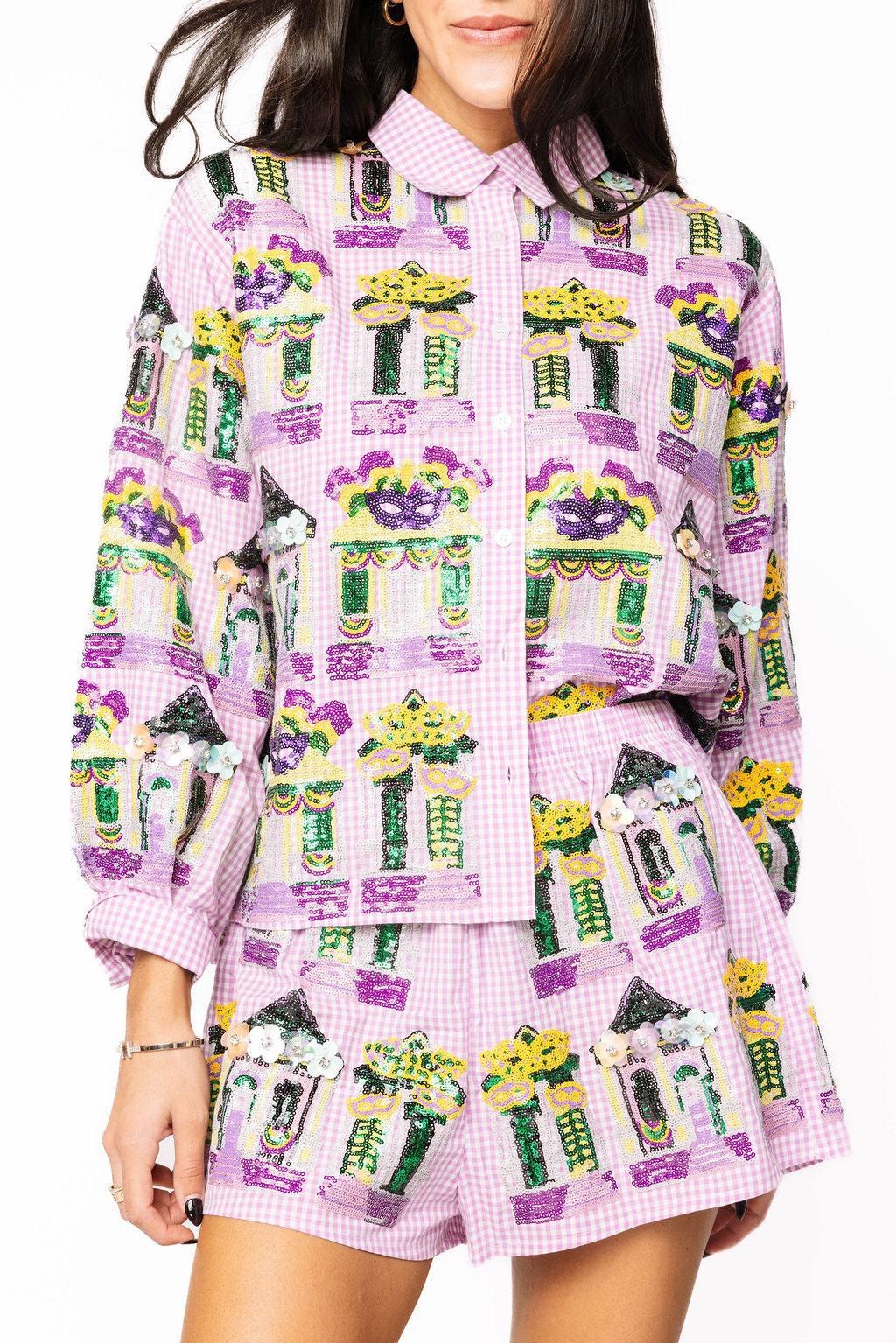 Purple & White Diamond Mardi Gras Porches Button Up Top