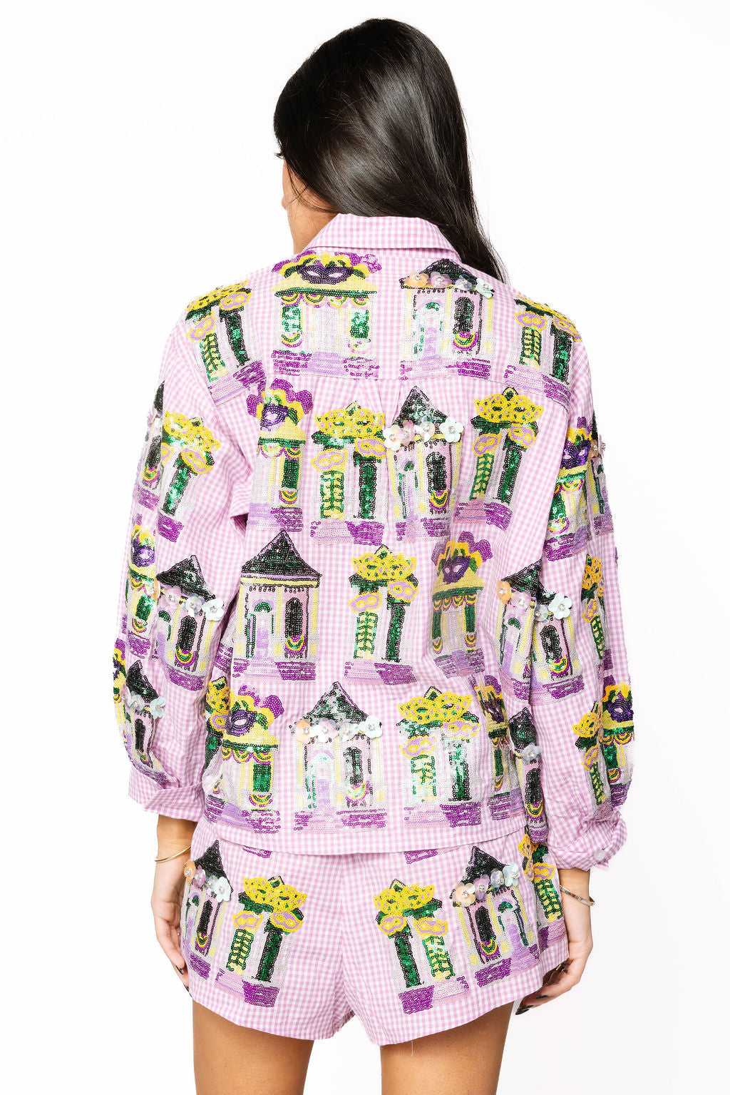 Purple & White Diamond Mardi Gras Porches Button Up Top