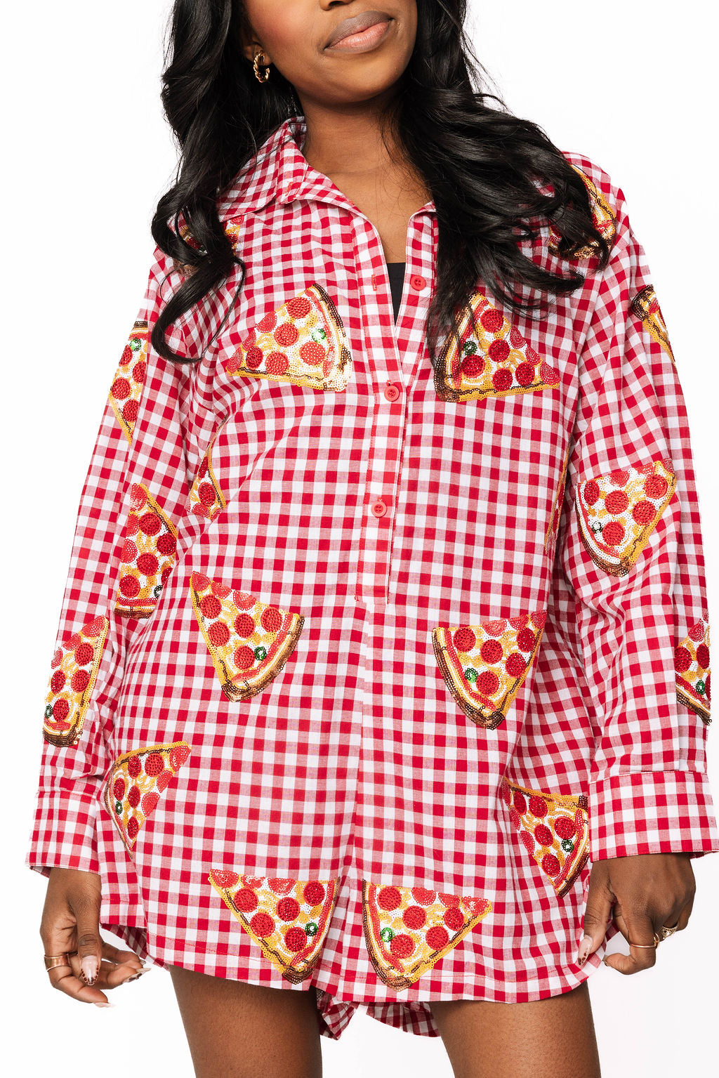 Red & White Checkered Pepperoni Pizza Long Sleeve Button Up Cotton Romper