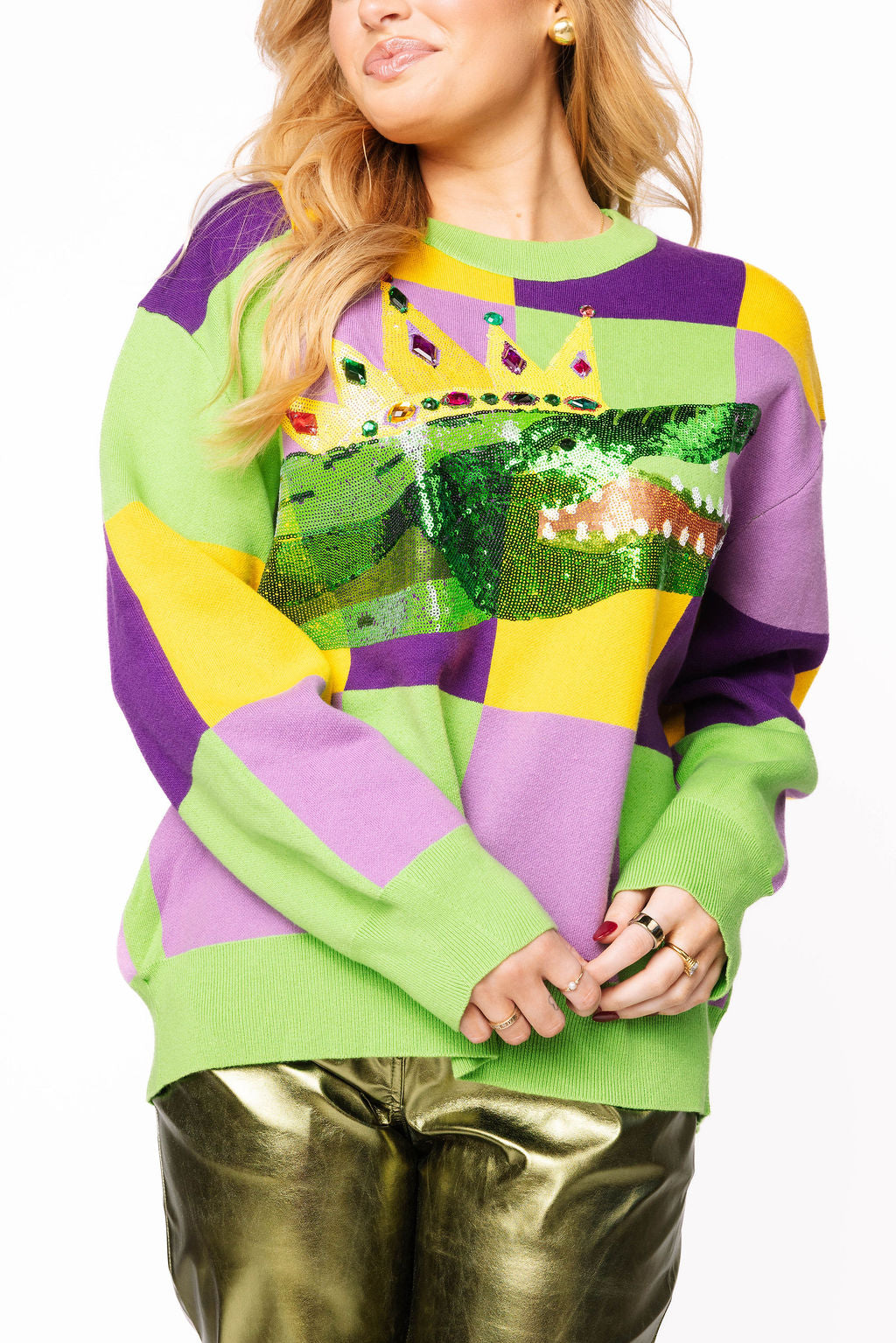 Mardi Gras Checkered Alligator Queen Sweater