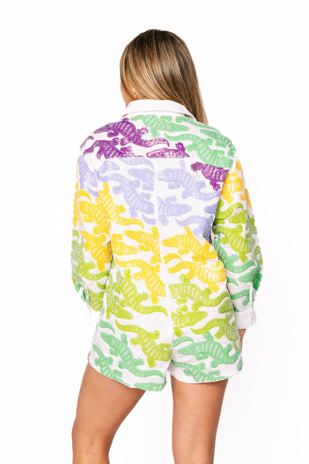 White, Purple, Yellow & Green Alligator Button Up Cotton Romper