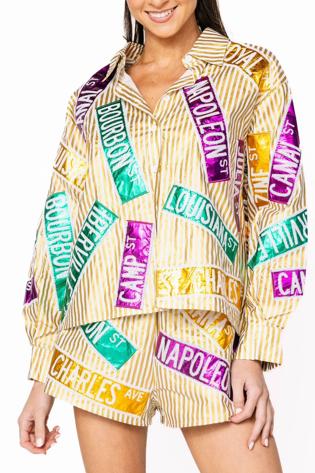 Metallic Gold Stripe Nola Street Signs Button Up Top