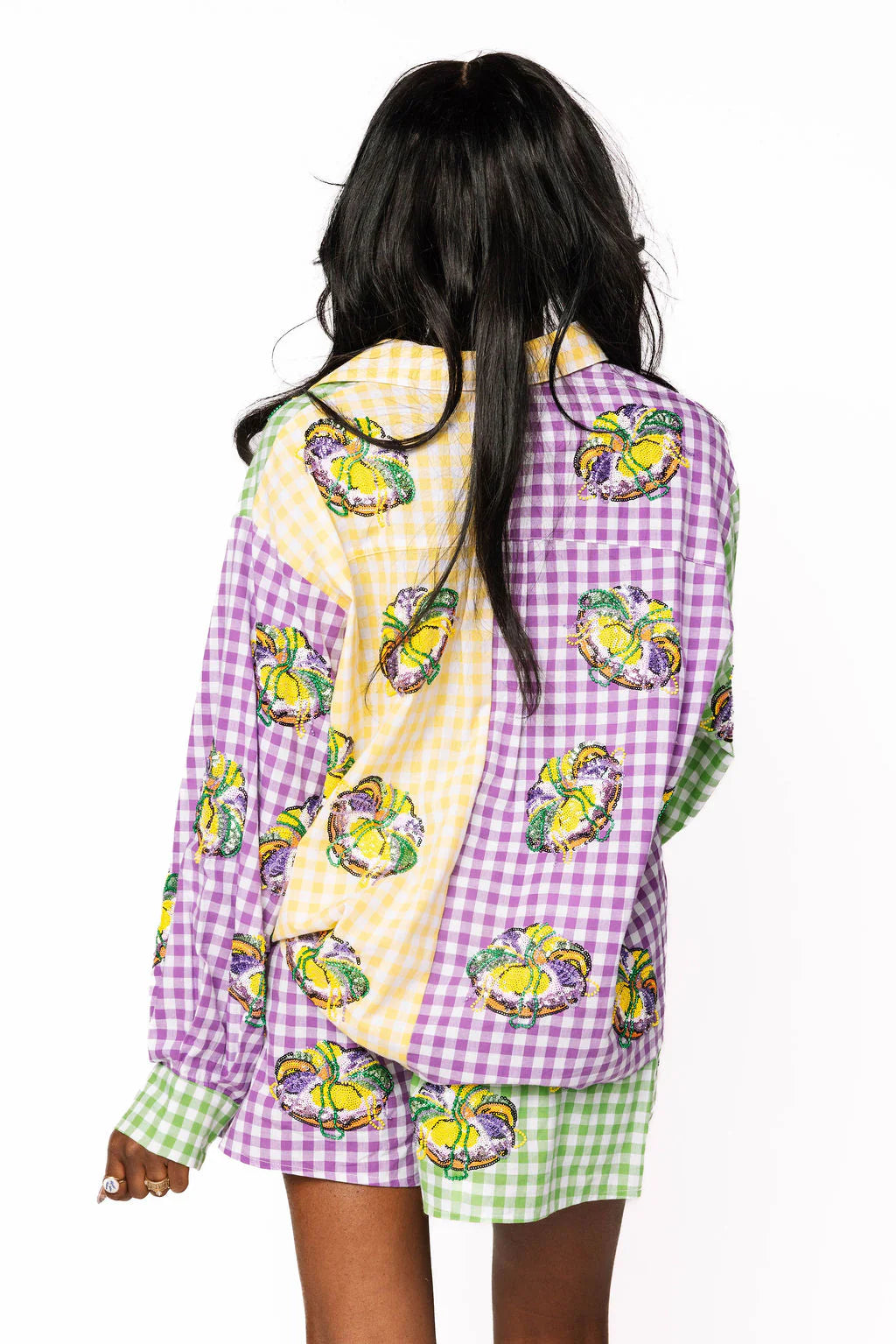 Colorblock Mardi Gras Gingham King Cake Short