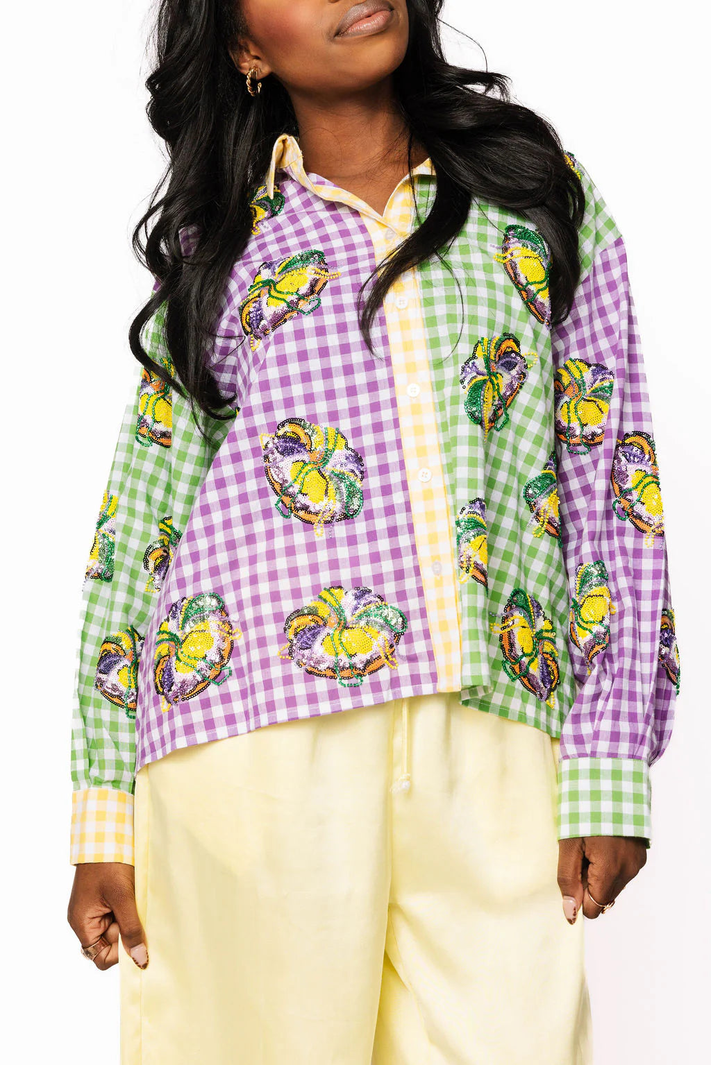 Colorblock Mardi Gras Gingham King Cake Button Up Top