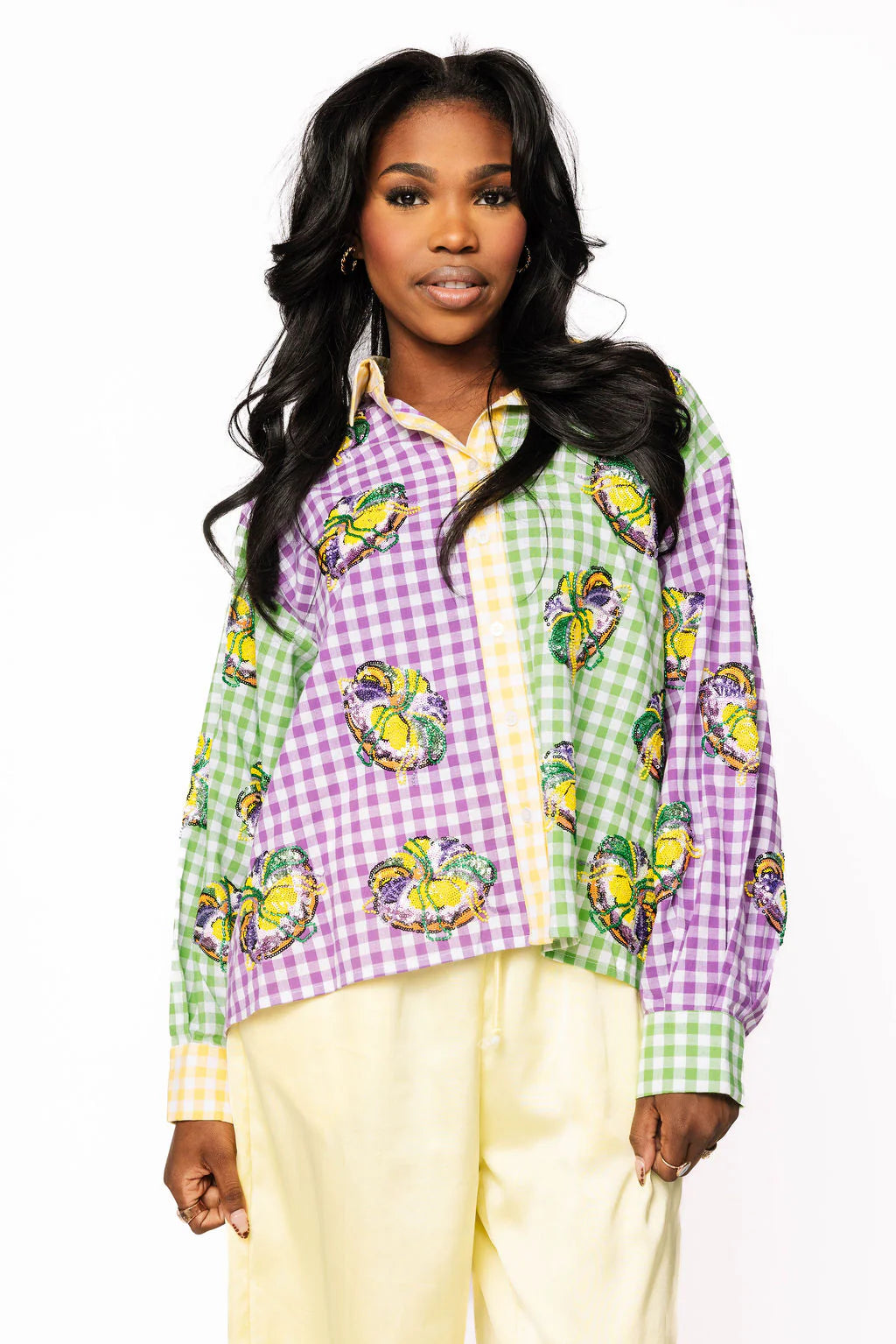 Colorblock Mardi Gras Gingham King Cake Button Up Top