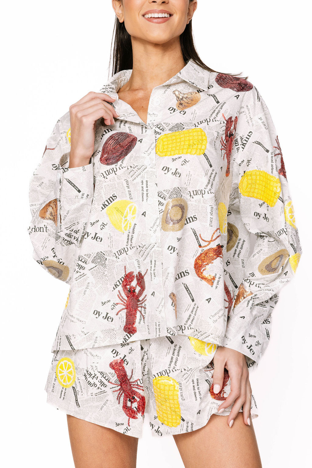 Black & White Seafood on Newspaper Button Up Top