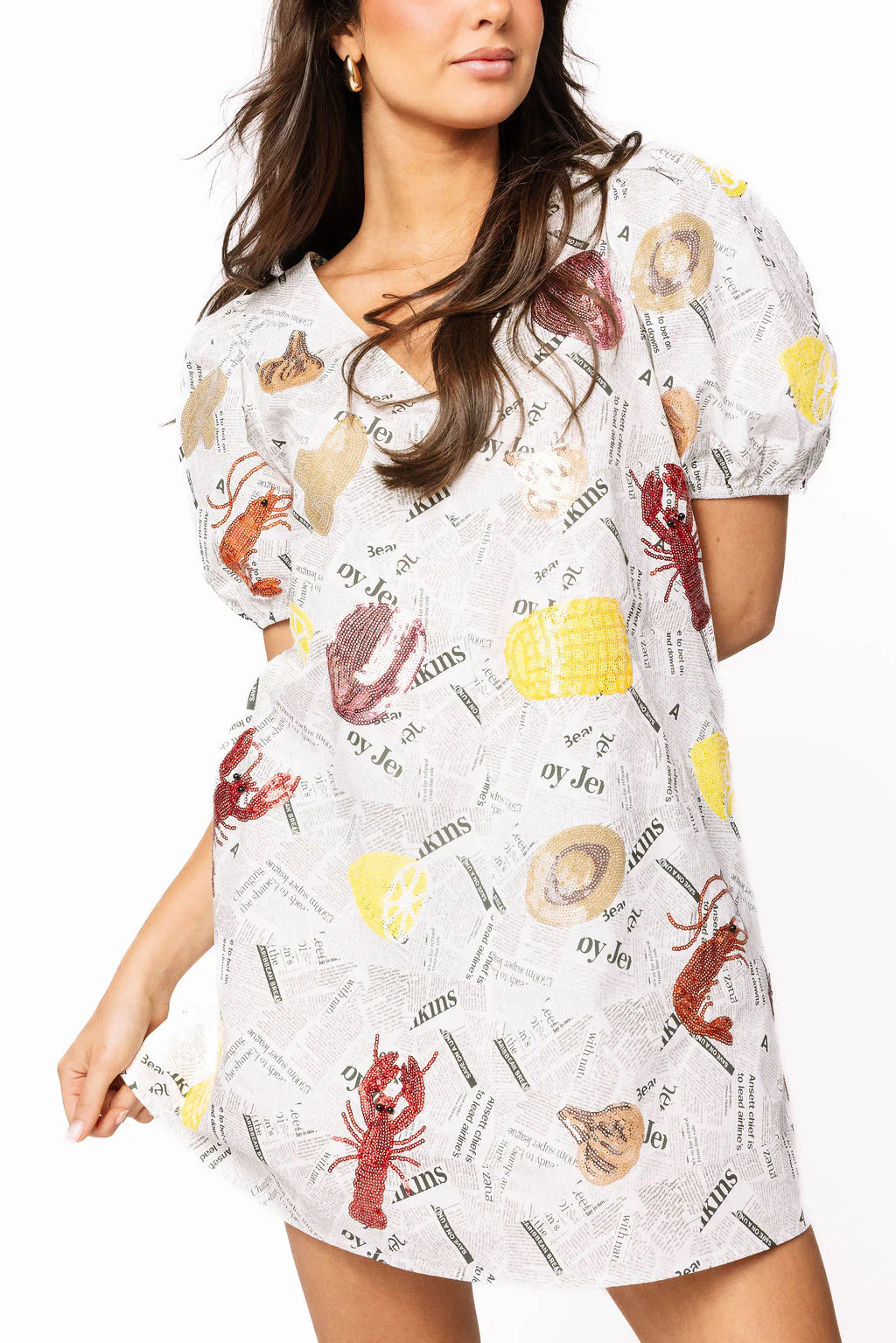 Black & White Seafood On Newspaper Cotton Dress