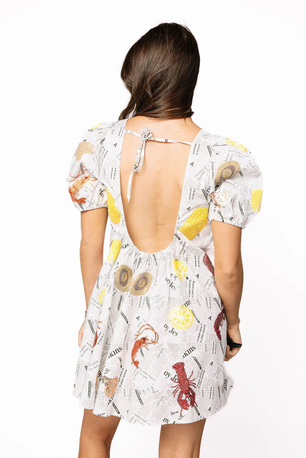 Black & White Seafood On Newspaper Cotton Dress