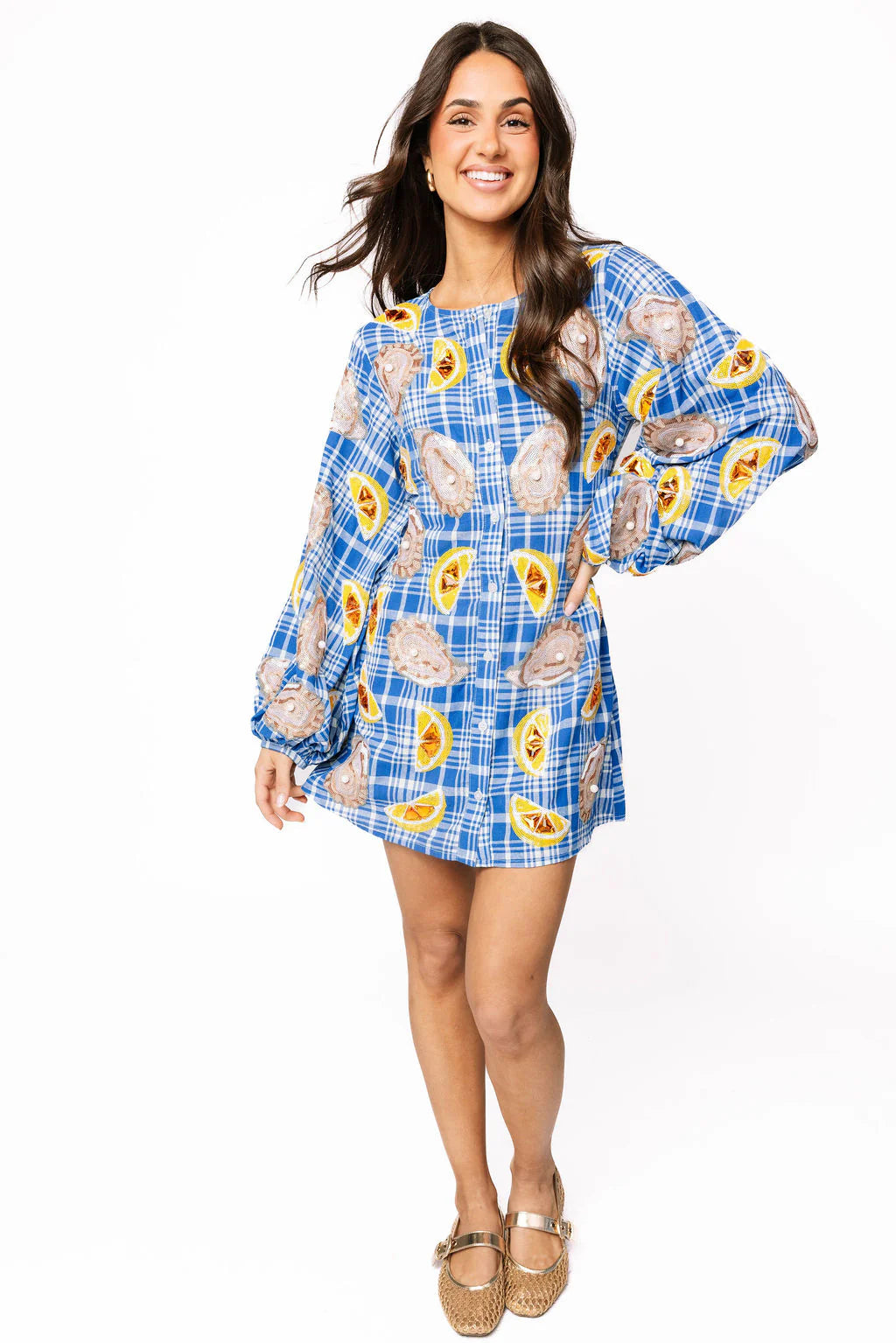 Blue & White Plaid Oysters & Lemons Button Up Dress