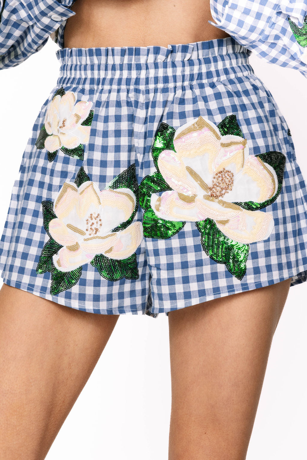 Blue & White Gingham Scattered Magnolia Short
