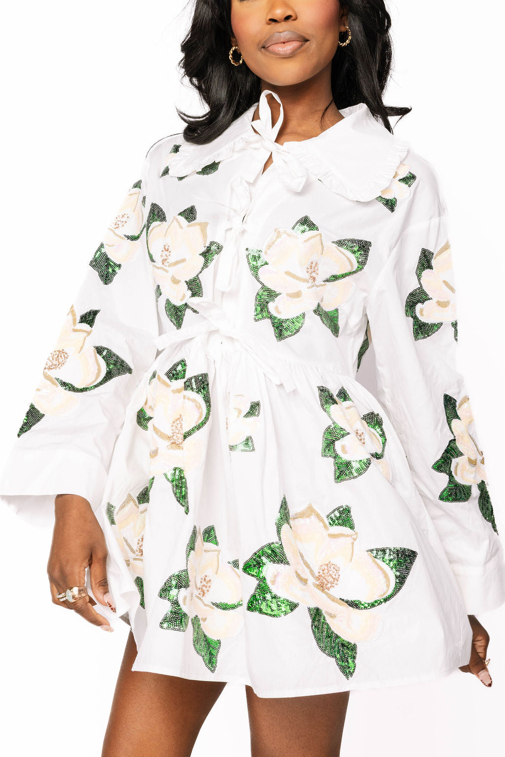 Cotton Tie Collar Magnolia Long Sleeve Dress