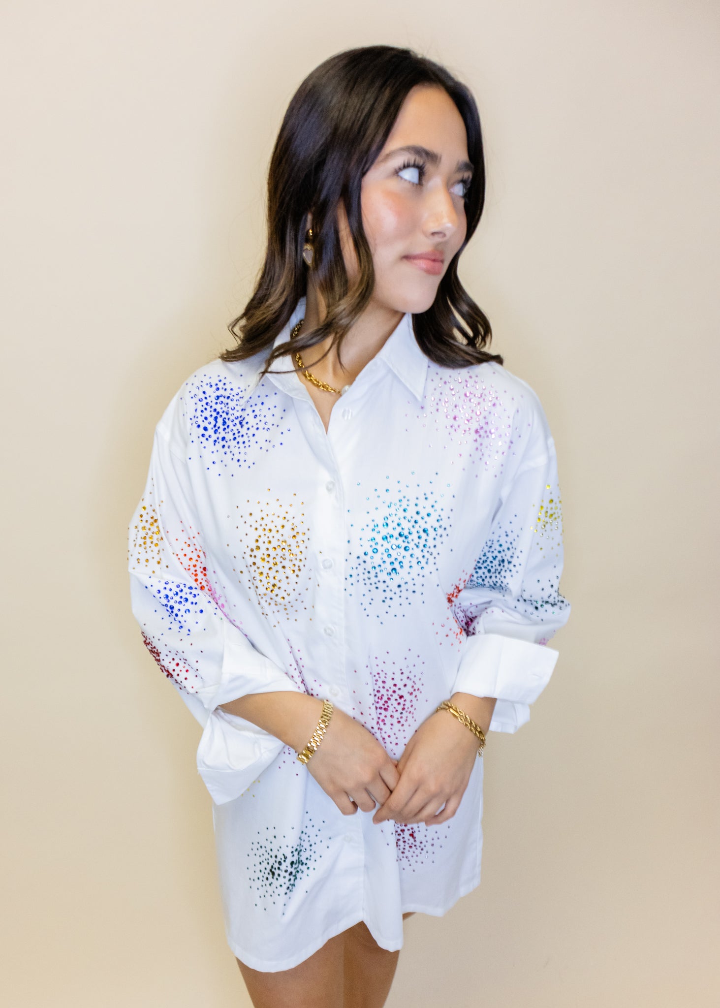 White Multi Spatter Button Up Cotton Dress