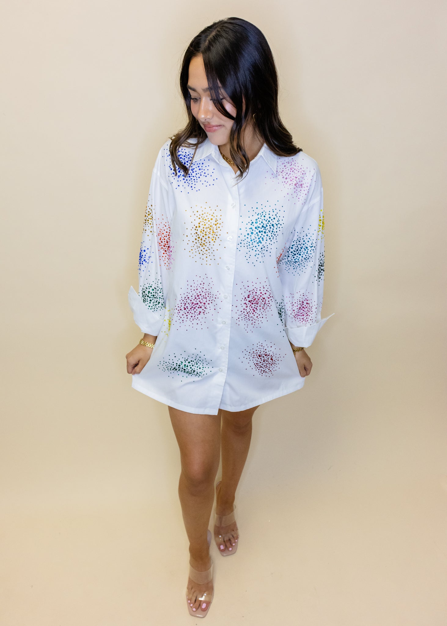 White Multi Spatter Button Up Cotton Dress