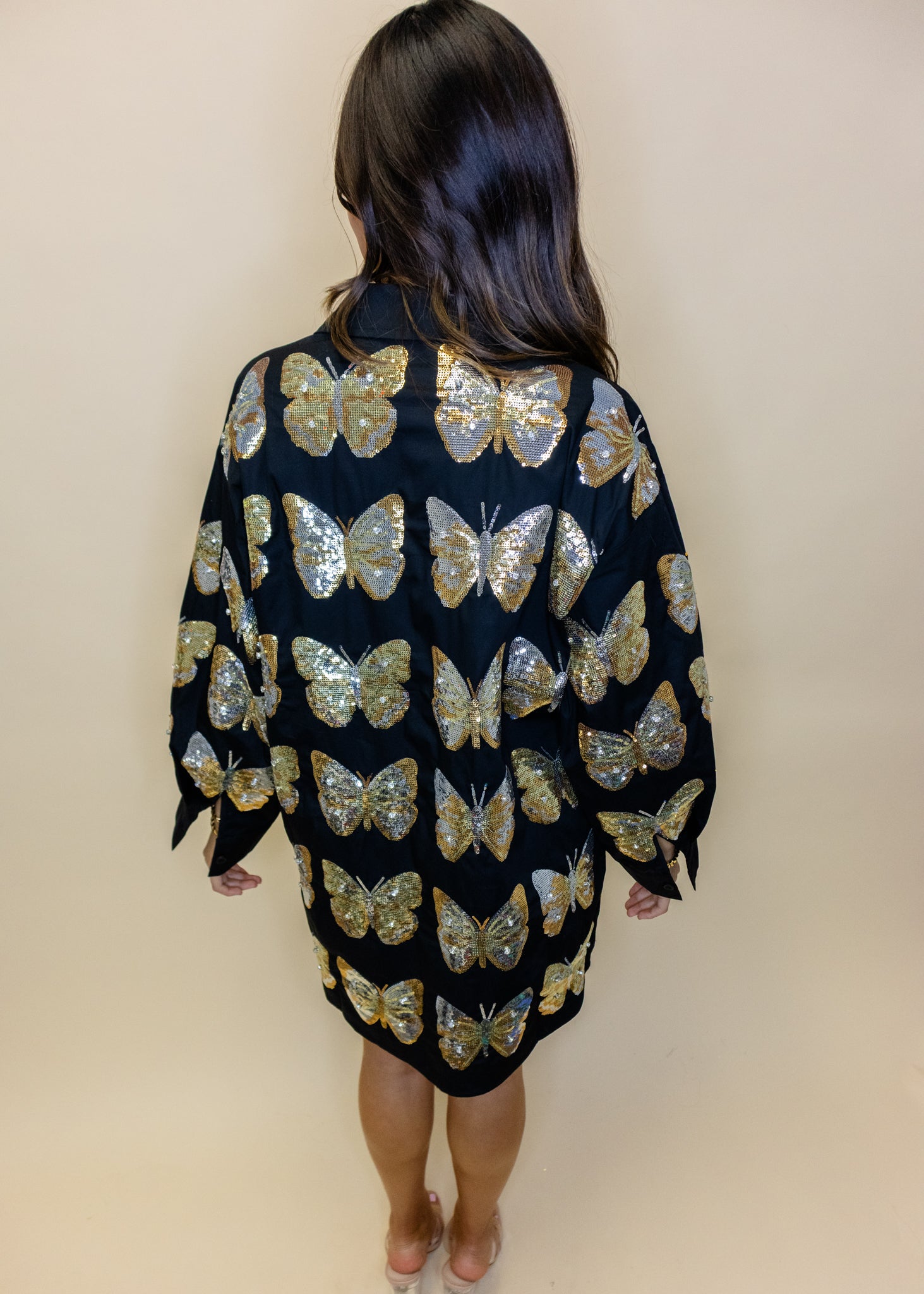 Black & Gold Sequin Butterfly Cotton Button Up Dress