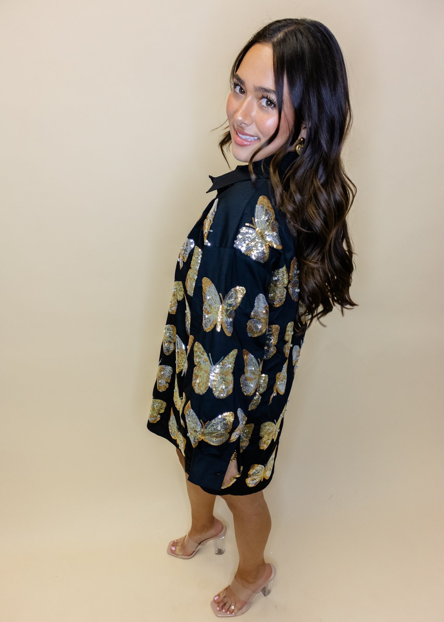Black & Gold Sequin Butterfly Cotton Button Up Dress