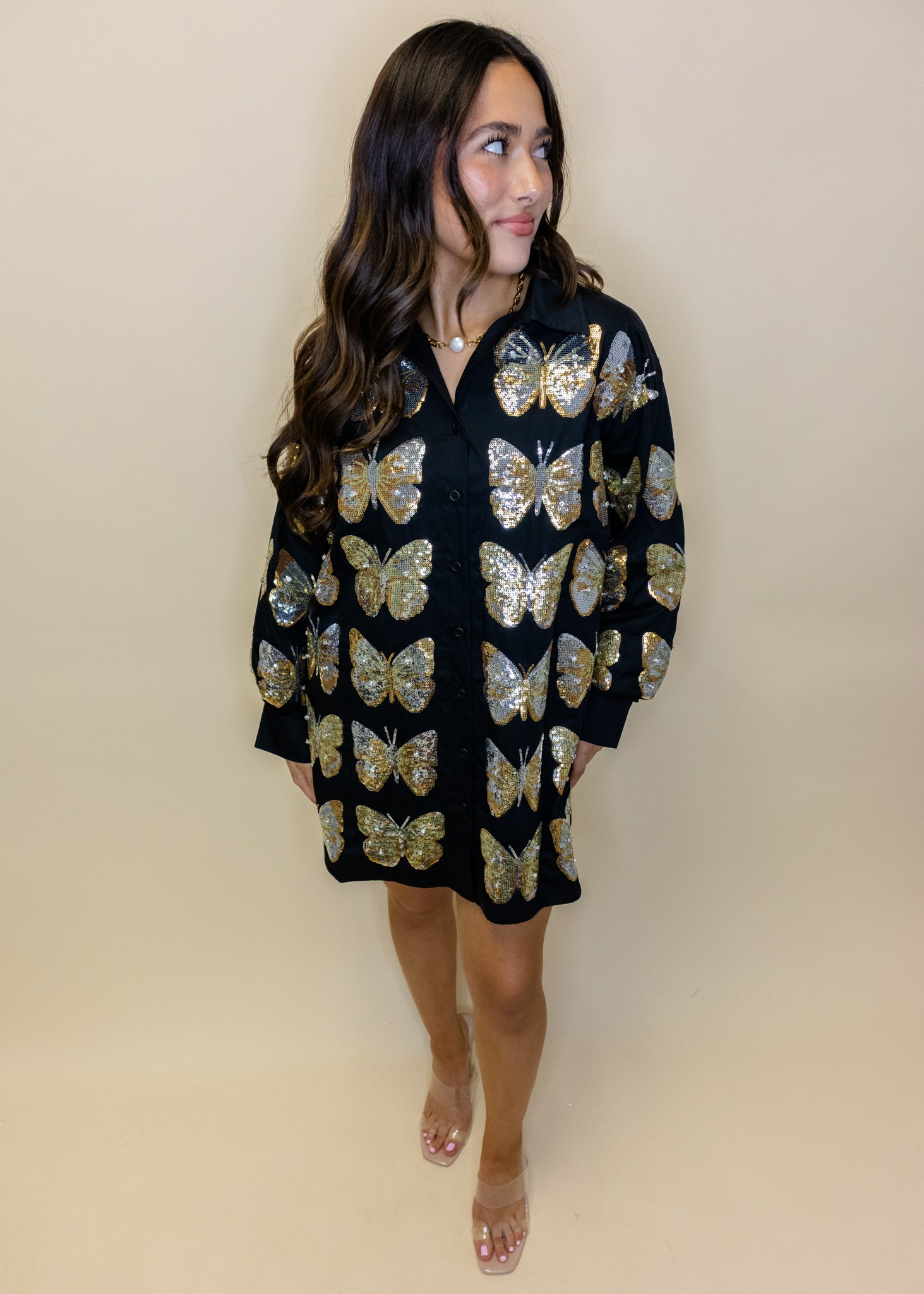 Black & Gold Sequin Butterfly Cotton Button Up Dress