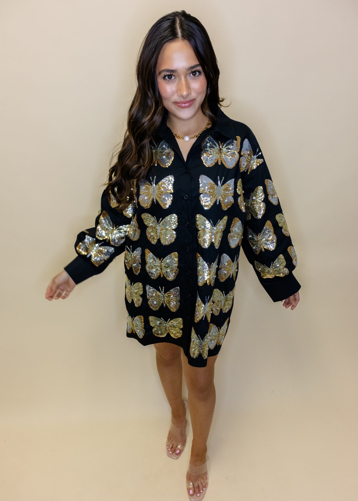 Black & Gold Sequin Butterfly Cotton Button Up Dress