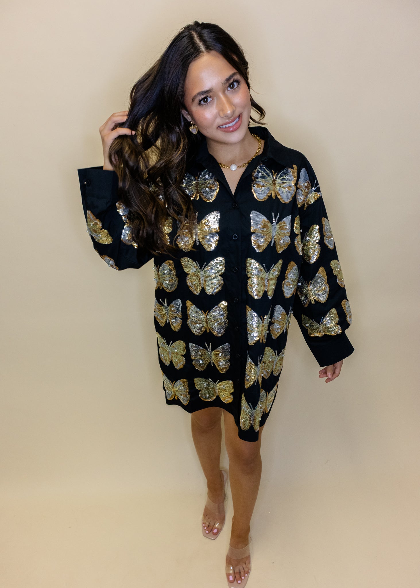 Black & Gold Sequin Butterfly Cotton Button Up Dress