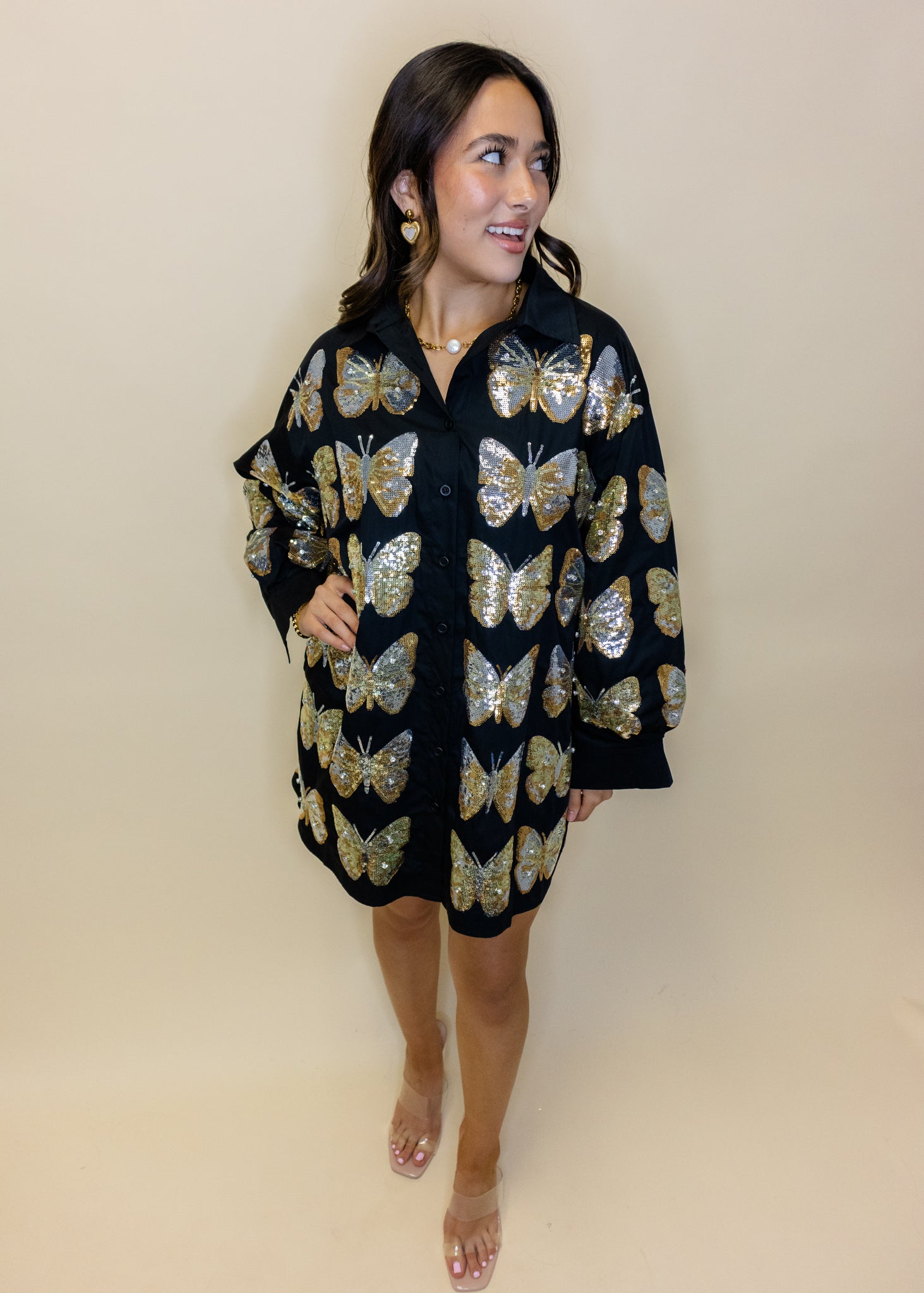 Black & Gold Sequin Butterfly Cotton Button Up Dress