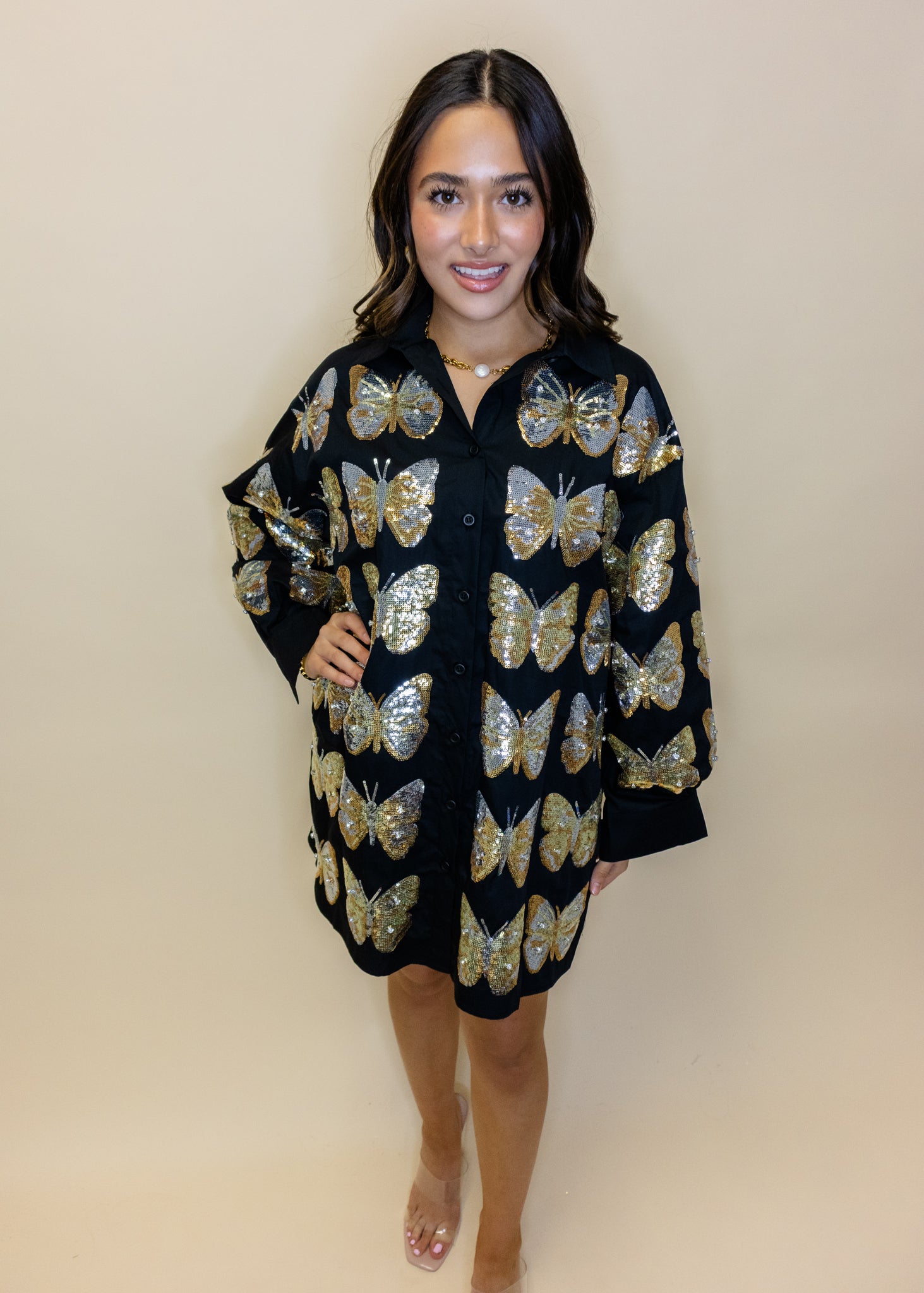 Black & Gold Sequin Butterfly Cotton Button Up Dress