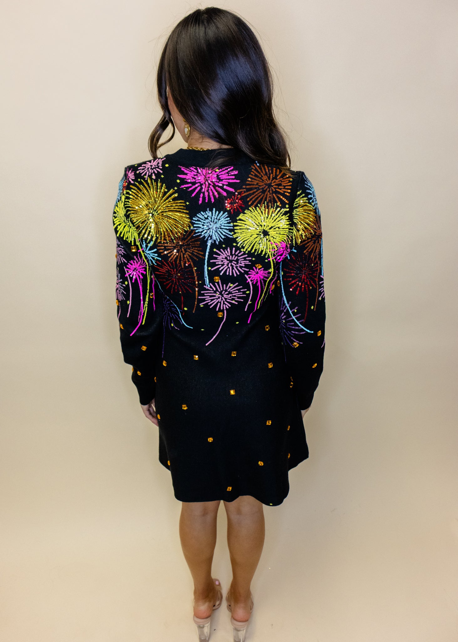 Black Multi Rainbow Firework Jeweled Sweater Dress