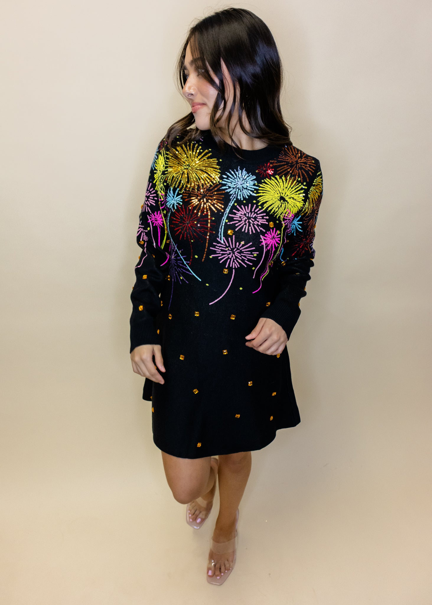 Black Multi Rainbow Firework Jeweled Sweater Dress