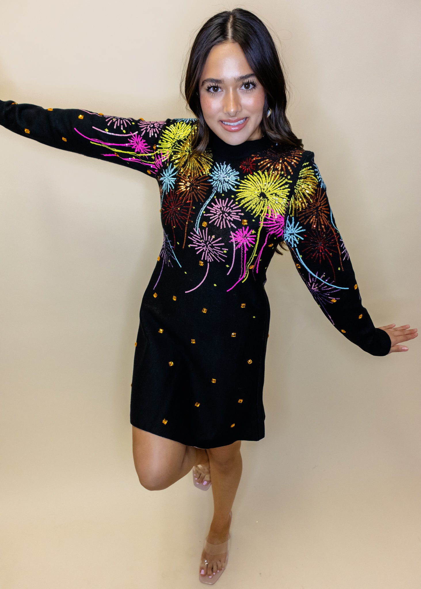 Black Multi Rainbow Firework Jeweled Sweater Dress