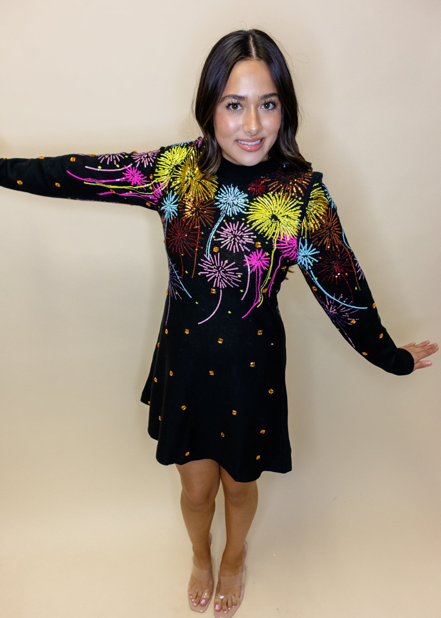 Black Multi Rainbow Firework Jeweled Sweater Dress