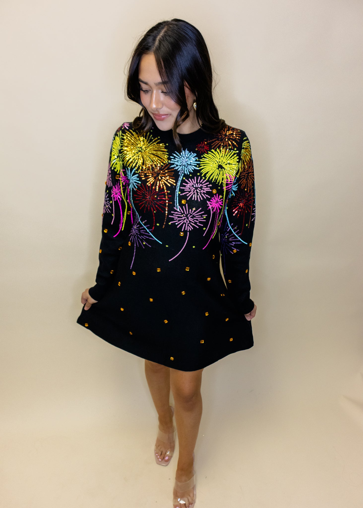 Black Multi Rainbow Firework Jeweled Sweater Dress