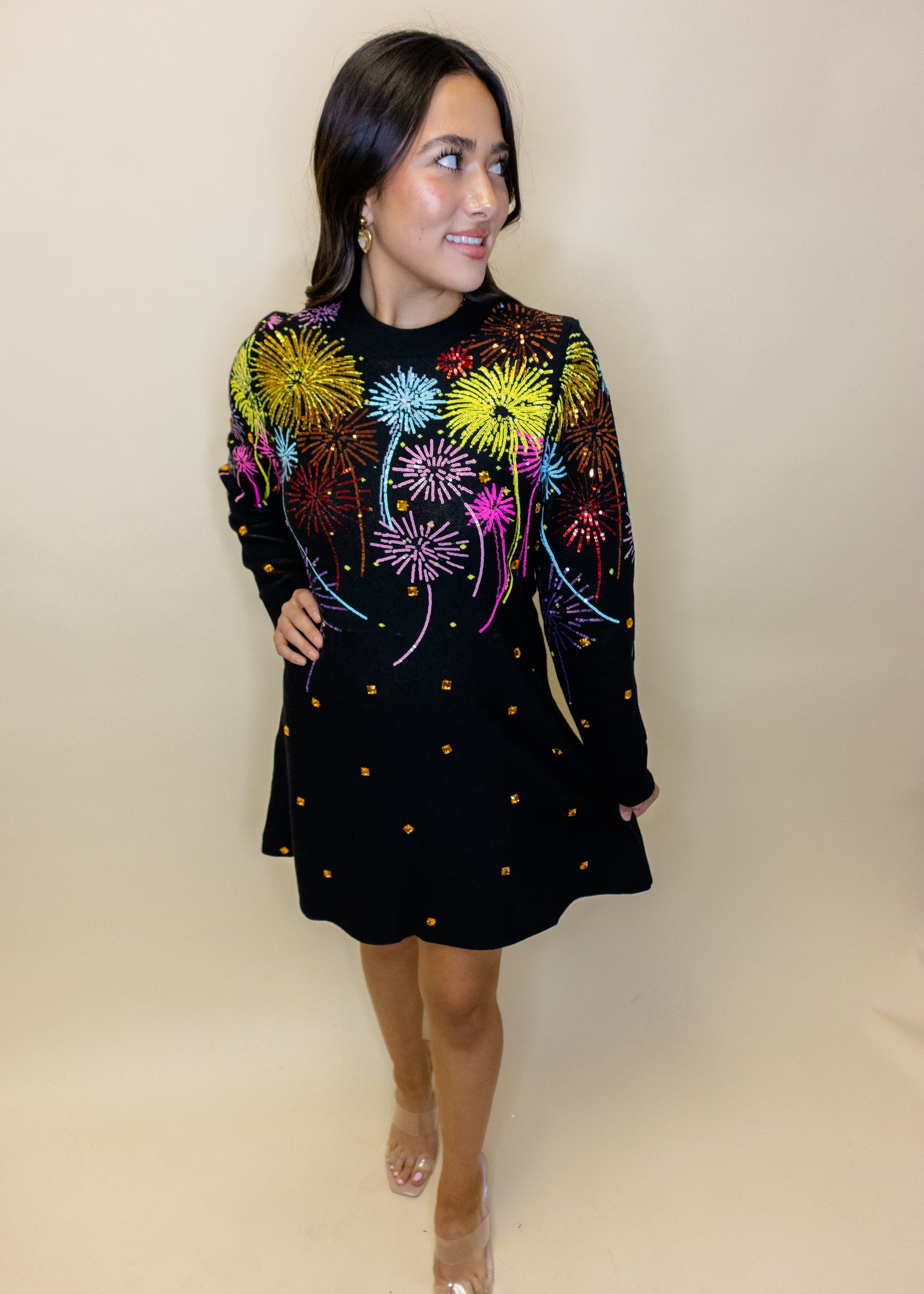 Black Multi Rainbow Firework Jeweled Sweater Dress